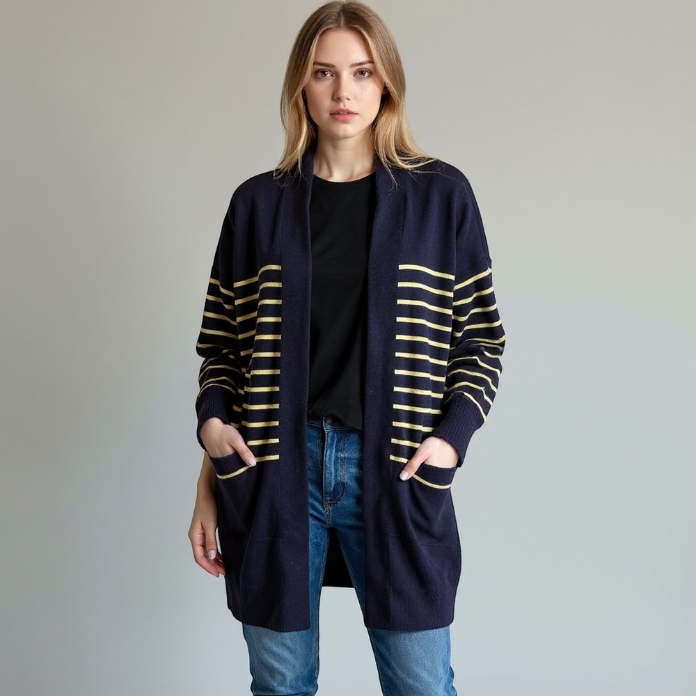 Garnet Hill Navy Yellow Striped Merino Wool‎ Organic Cotton Oversized Cardigan L